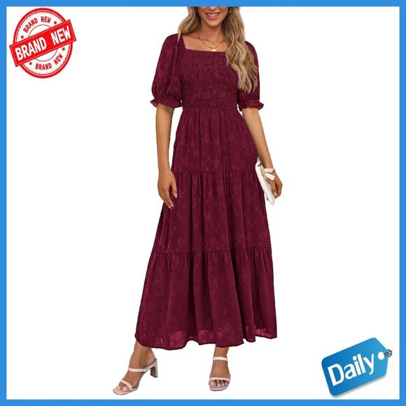 Dresses & Skirts - Square Neck Midi Dress with Pockets, Smocked Bodice, Ruffle Sleeves